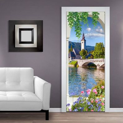 Türtapeten Selbstklebende Wandbild Tür Poster 3D Kolonnade See 1322