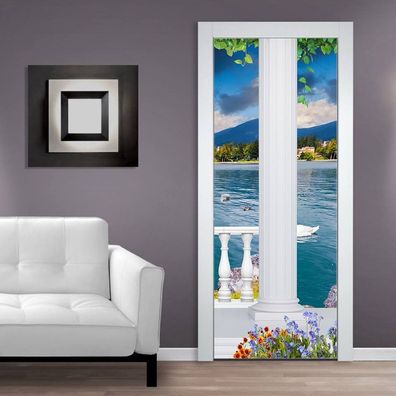 Türtapeten Selbstklebende Wandbild Tür Poster 3D Continental Balkon See 1324