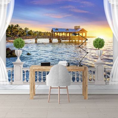 Vlies Fototapete Wandtapete Wandbilder 3D Balkon Meerblick Hintergrund 1335