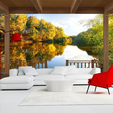 Vlies Fototapete Wandtapete Wandbilder 3D Holzbalkon Wald See 1341