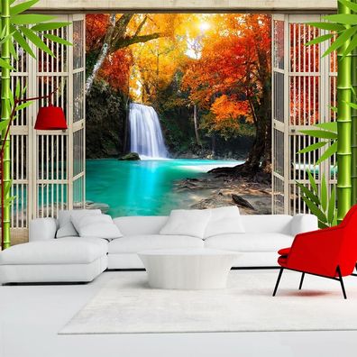 Vlies Fototapete Wandtapete Wandbilder 3D Holzbalkon Wasserfall 1347