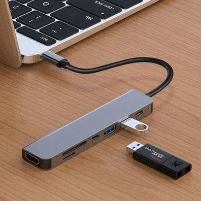 USB-C-Hub, Multi-Port-Adapter, SD-Kartenleser, tragbarer 7-in-1-Dongle aus Aluminium