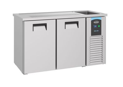 Biertheke Edelstahl mit Spülbecken – 2 Türen, 1 Rost, für Bierfässer