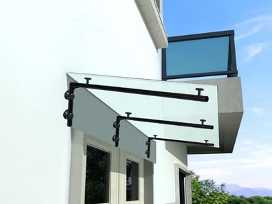 BuyLando (3L) 250x90 cm Milchglas Glasvordach inkl. Edelstahlhalter in Schwarz