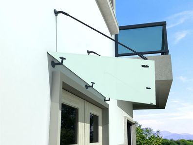 BuyLando (3STR) 250x90 cm Milchglas Glasvordach inkl. Edelstahlhalter in Schwarz