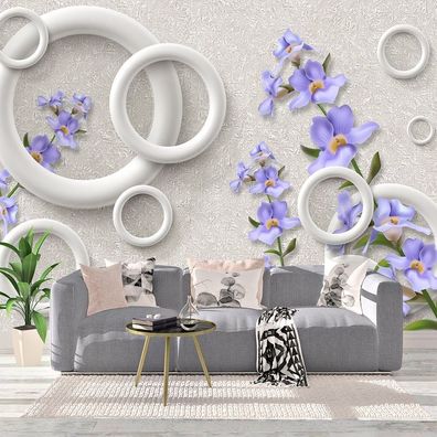 Vlies Fototapete Wandtapete Wandbilder 3D Modern Lila Blüten Kreis 1355