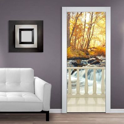 Türtapeten Selbstklebende Wandbild Tür Poster 3D Balkon Fallen Waldbach 1357