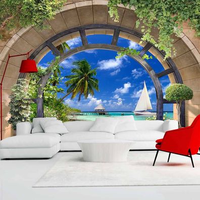 Vlies Fototapete Wandtapete Wandbilder 3D Strand Segelboot Meeresblick 1371