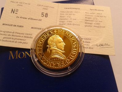 100 Francs 2000 Frankreich PP Le Franc d´Henri III. 17g Gold 920er - wenige Exemplare
