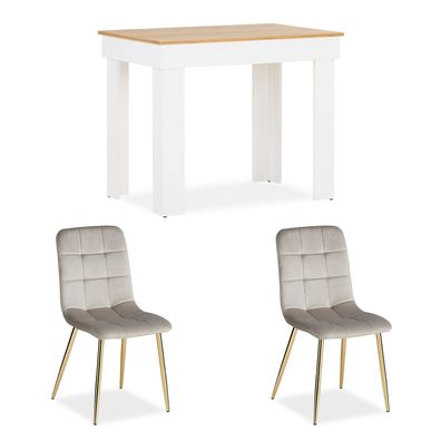 Esstisch mit 2 Stühlen Set Essgruppe Samt Polsterstühle Creme Küchentisch Holz