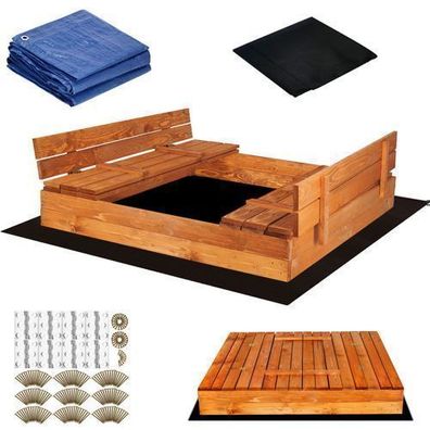Sandkasten mit Sitzbänken Imprägniert Holz 150 x 150 cm Extra Vlies und Abdeckplane