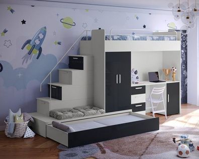 Hochbett mit Schreibtisch TOMI 5 Schrank Treppe und Gästebett in Hochglanz Einzelbett