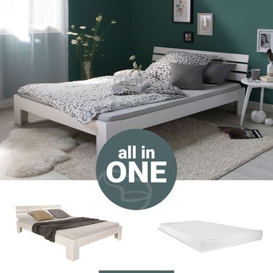 Doppelbett mit Matratze und Lattenrost 120x200 Bett Weiß Kiefer Massiv Bettgestell