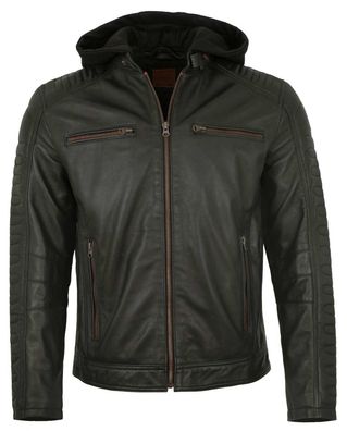 Redpoint - Herren Lederjacke Bikerjacke Kapuze Lammnappa schwarz