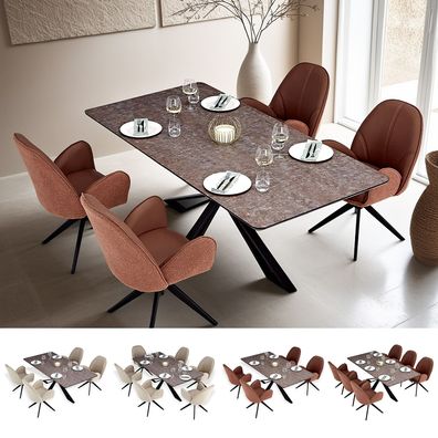 Esstisch mit 4 oder 6 Stühlen Set Essgruppe Polsterstühle Drehbar Bouclé Leder