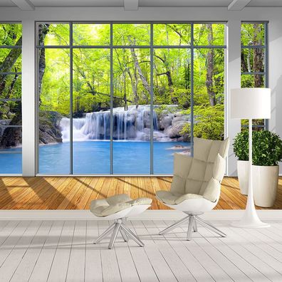 Vlies Fototapete Wandtapete Wandbilder 3D Fenster Holz Wald Wasserfall 1389