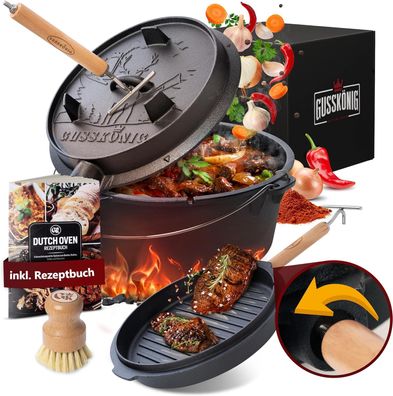 Gusskönig Dutch Oven Set 12 Liter Feuertopf Gusseisen mit Füßen inkl. 2in1 Deckelh