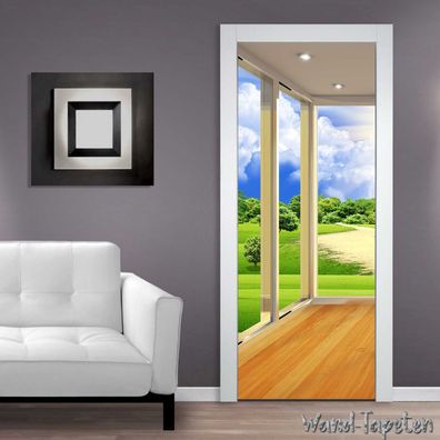 Türtapeten Selbstklebende Wandbild Tür Poster 3D Balkonfenster Grasland 1404
