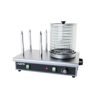 Saro Hot-Dog-Maker HW 2 – Edelstahlgerät mit Glaszylinder & 4 Toaststangen, 0,65 kW