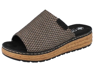 RIEKER Rimo Wildebuk schwarz Damen Pantolette Hausschuhe schwarz beige Textil