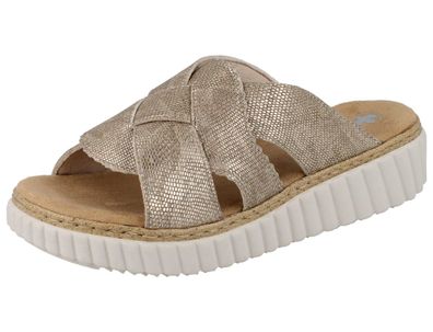 RIEKER Toulouse Damen Pantolette Sommerschuhe beige gold metallic Lederimitat