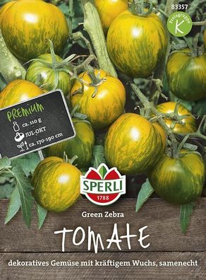 Tomate Green Zebra, grün-gelb gestreifte Früchte, kräftiger Wuchs