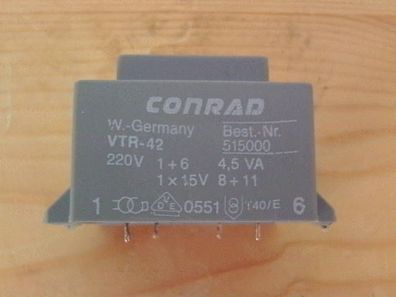 Trafo Transformator Conrad VTR-42 515000 pri 220 V sek. 1x15 V 4,5 VA T12/18