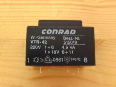 Trafo Transformator VTR-42 515019 Conrad pri 220 V sek 1x18 V 4,5 VA T9/593