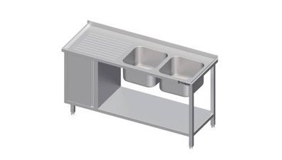 Spültisch mit Grundboden, und Flügeltürschrank, mit zwei Becken, mit Aufkantung, vers