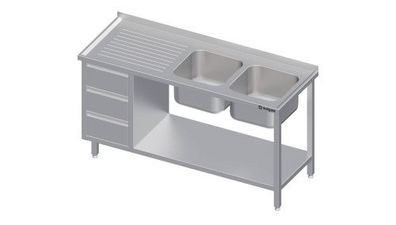 Spültisch mit Grundboden, und 3er Schubladenblock, mit zwei Becken, mit Aufkantung, v