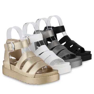 VAN HILL Damen Plateau Sandaletten Metallic Leder-Optik Profi-Sohle Schuhe 841238
