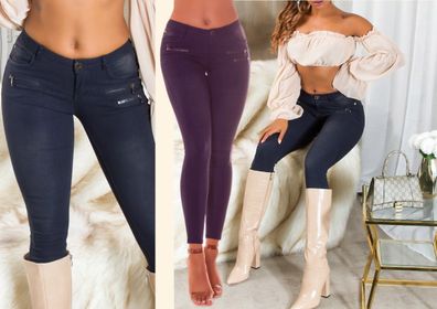 SeXy Miss Damen Girly Jeans Hose Skinny Glitzernieten Zipper S 34 M 36 L 38 blau