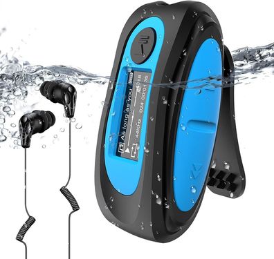 AGPTEK IPX8 Wasserdicht MP3 Player 8GB HiFi Player Schwimmen Tauchen Sport Blau
