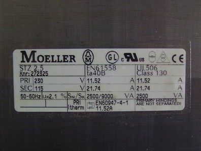 Transformator Trafo Moeller pri 230 V sec 115 V 2500 VA Bestnr.: T10/128