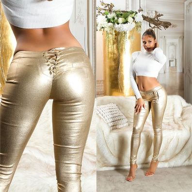 SeXy Miss Damen Kunstleder Wet Look Hose Skinny Nieten Schnürung 34 36 38 40 gold