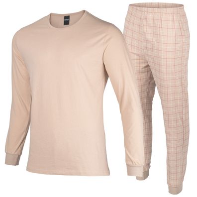 Herren Schlafanzug aus Baumwolle Pyjama Lang mit Bündchen Zweiteiliger Set Langarm
