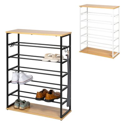 eluno Schuhregal für max. 18 Paar Schuhe, 2 Holzablagen, 4 Haken