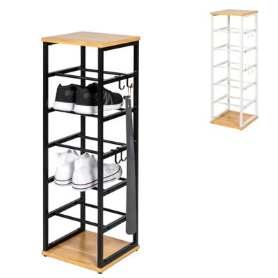 eluno Schuhregal für max. 6 Paar Schuhe, 2 Holzablagen, 4 Haken