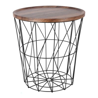 Korb Beistelltisch Metall 39cm - schwarz - Couch Sofa Deko Tisch mit Holz Deckel
