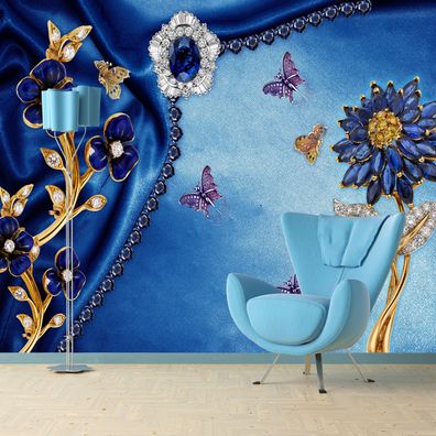 Vlies Fototapete Wandtapete Wandbilder Elegante Blaue Diamant Blumen 1512