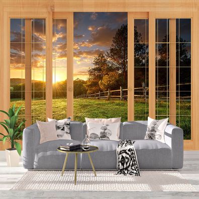 Vlies Fototapete Wandtapete Wandbilder 3D Fenster PRÄTIE Sonnenaufgang Landschaf 1527