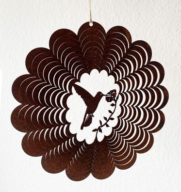 Edelrost Windspiel Vogel Kolibri D24cm Rost Metall Hänger Spirale Blume Garten