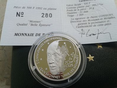 Original 500 Francs 1992 PP Frankreich Jean Monnet 20g Platin 9995er
