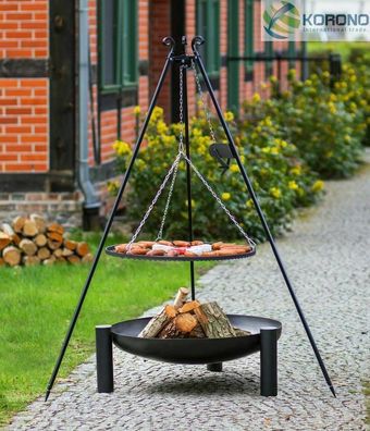 Dreibein Schwenkgrill mit Kurbel Rost 80 und Feuerschale Ø 80 im Set - Stahl