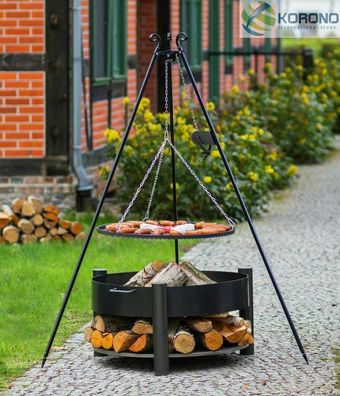 Dreibein Schwenkgrill mit Kurbel Rost 50 und Feuerschale Ø 60 im Set - Stahl