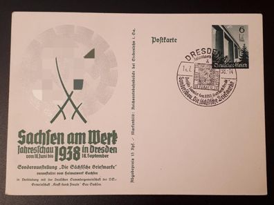 Postkarte Deutsches Reich Sachsen am Werk 1938 Jahresschau in Dresden