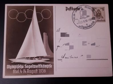 Postkarte Deutsches Reich Olympische Segelwettkämpfe Kiel 1936 gelaufen