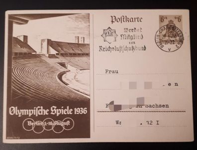 Postkarte Deutsches Reich Olympische Spiele Berlin 1936 gelaufen