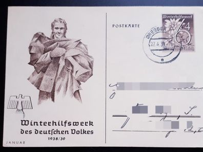 Postkarte Deutsches Reich Winterhilfswerk des deutschen Volkes 1938/1939 Januar