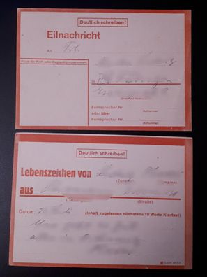 2. WK Lebenszeichenkarte rot gelaufen von Bremen nach Tübingen